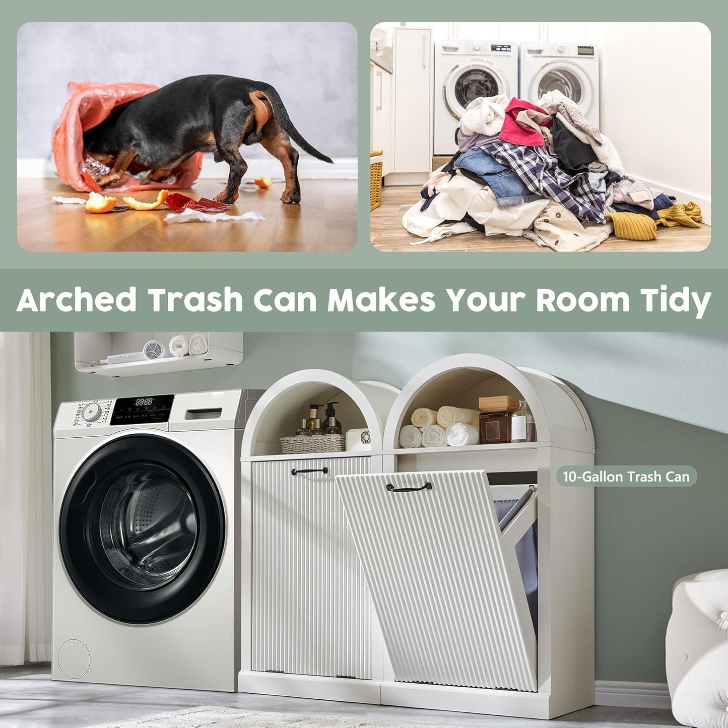 Arched Tilt-Out Trash Can Cabinet, Fluted 10 Gallon Trash Can with Open Shelf, Modern Laundry Hamper Cabinet, Hidden Garbage Can with Storage Basket for Kitchen, Living Room, White