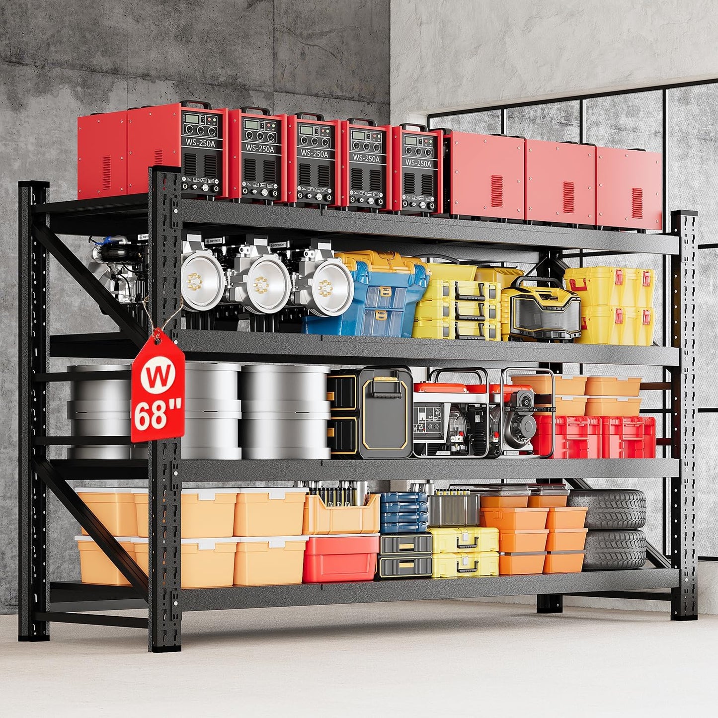 MIIIKO 68" W Storage Shelves,7500LBS Metal Garage Storage Shelving,Heavy Duty Adjustable Unit Storage Shelves for Warehouse,Basement,68" W x 24" D x 63" H,Black