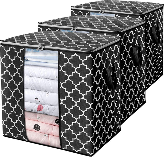 WISELIFE Storage Bags [3 Pack/100L] Large Blanket Clothes Organization and Storage Containers for Comforters,Bedding, Foldable Organizer with Reinforced Handle, Clear Window, Sturdy Zippers,Black