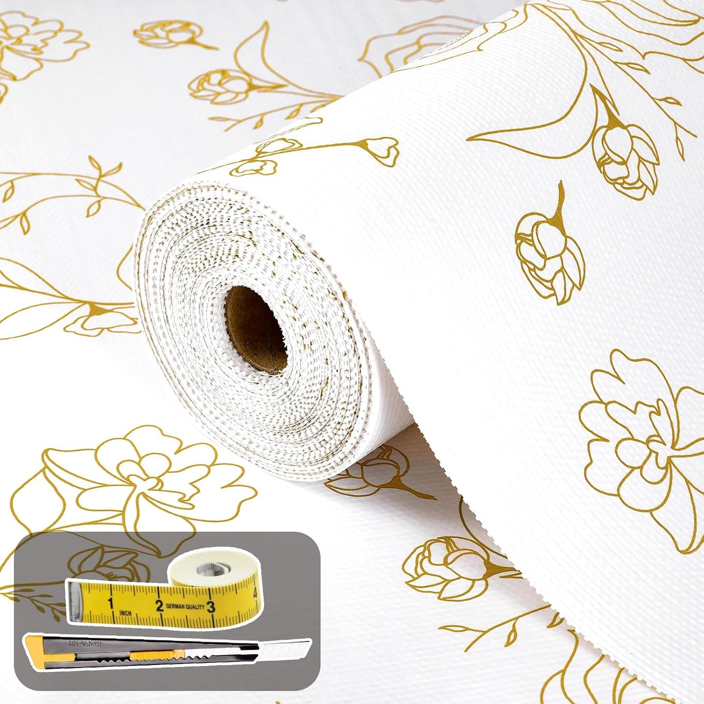 Shelf Liners for Kitchen Cabinets 23.6in x 39.37FT Non Adhesive Drawer Liner Gold Floral Thickened Shelf Liner Paper Strong Non-Slip Easy to Clean for Tool Box Refrigerator with Knife and Tape Measure