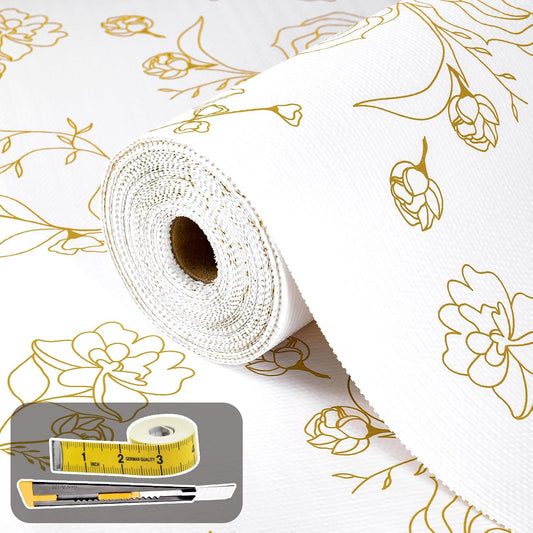 Shelf Liners for Kitchen Cabinets 12in x 39.37FT Non Adhesive Drawer Liner Gold Floral Thickened Shelf Liner Paper Strong Non-Slip Easy to Clean for Tool Box Refrigerator with Knife and Tape Measure