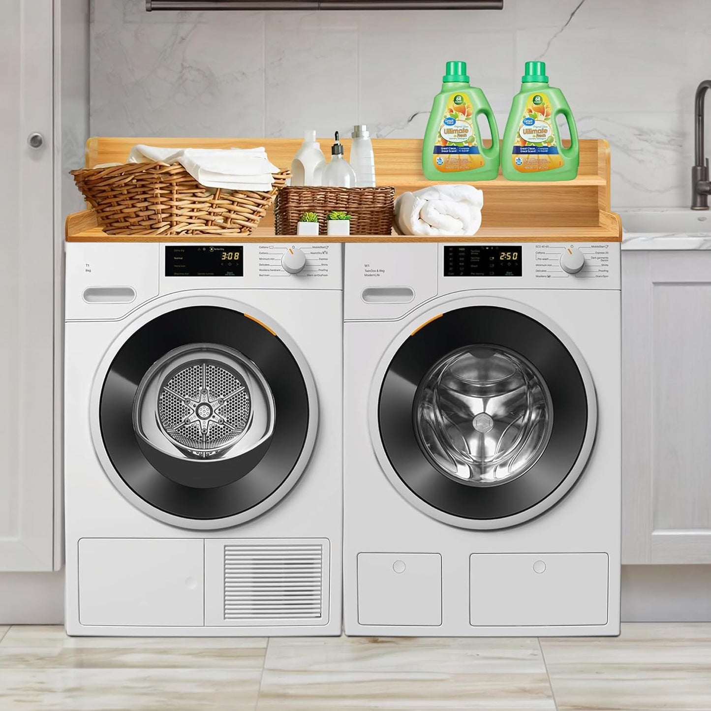 Royxen Laundry Countertop with 2-Tier Shelf Universal Fit, Washer and Dryer Countertop with Storage Space, Shelf Height 11.5 Inches, Solid Wood Core, Oak