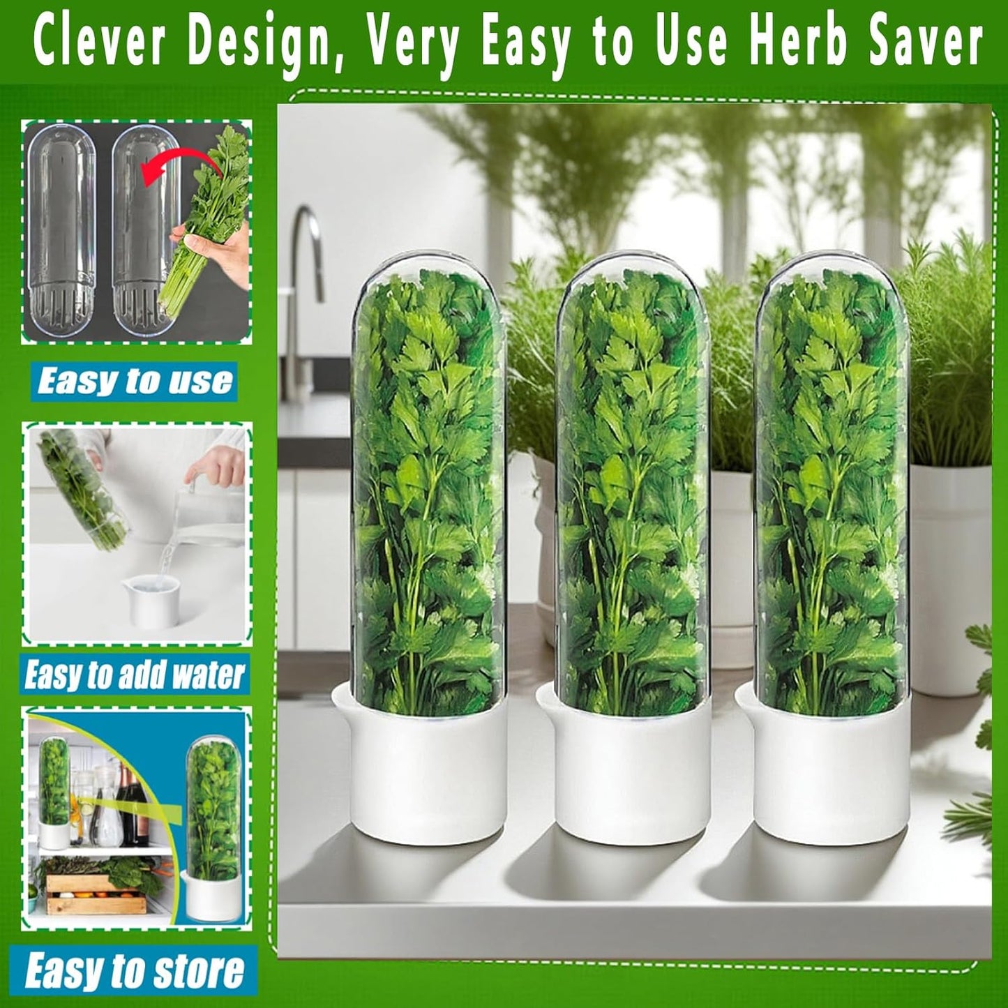 Cilantro Container for Fridge, Herb Saver for Refrigerator - Fresh Herb Keeper for Cilantro, Basil, Asparagus, Parsley, Keeps Greens Vegetables for 2-3 Weeks