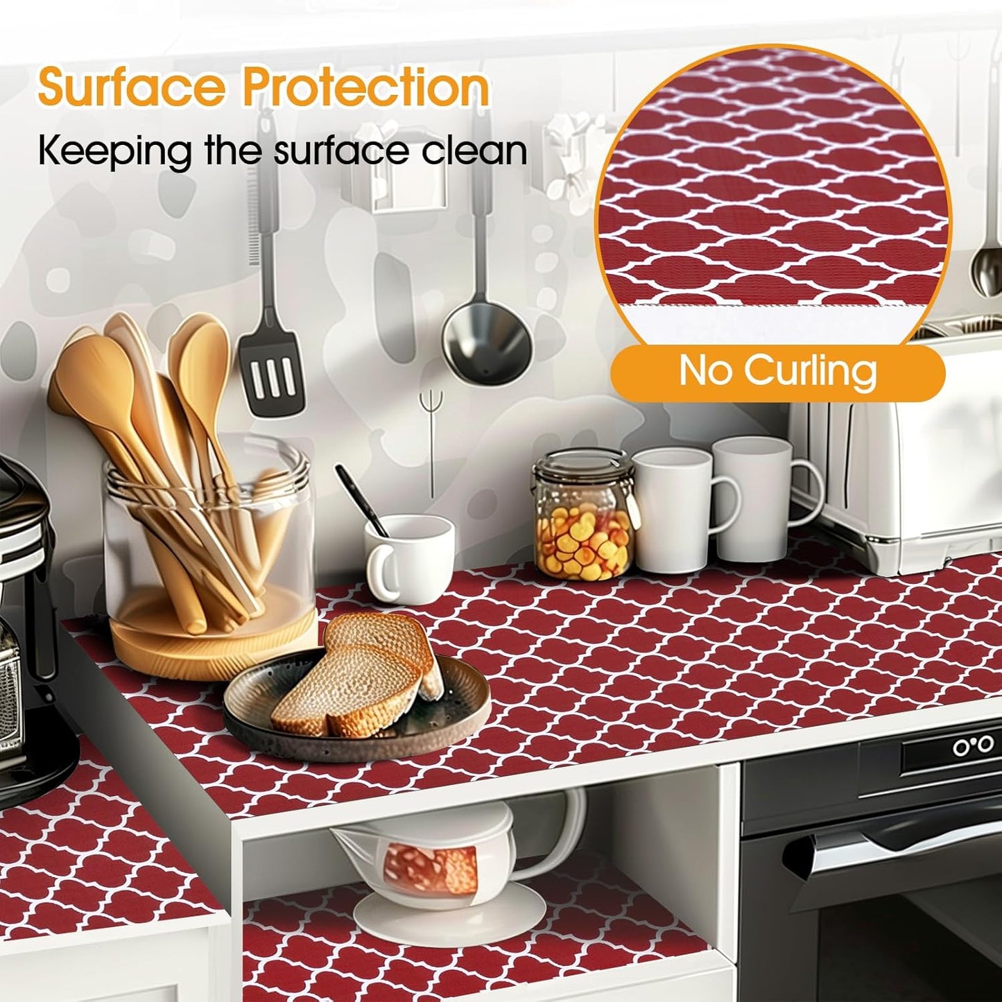 Shelf and Drawer Liner for Kitchen Cabinets Non-Adhesive, Strong Grip Non-Slip Thickened Cabinet Liners for Shelves, Waterproof Mats for Dresser Cupboard, Red/White, 17 in x 10 Feet