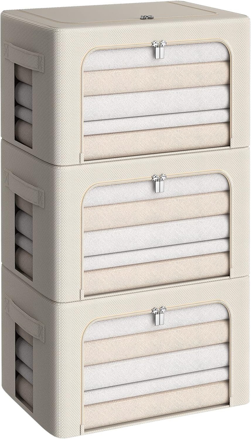CYhom 3Pack Frame Storage Box - Clothes Storage Bin Bags Oxford Fabric Foldable Stackable Container Organizer Set with Clear Window & Carry Handles (Beige, X-Small-36L)