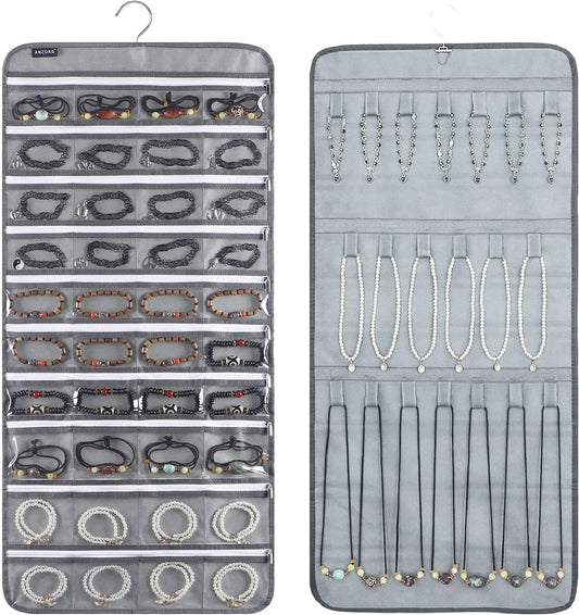 Dual-sided Hanging Jewelry Organizer with 40 Zippered Pockets and 20 Hook Loops Necklace Holder Jewelries Organizer for Earrings Bracelets Rings with 360 Degree Rotating Hanger (40 Zippered Pockets and 20 Hook Loops-Grey)