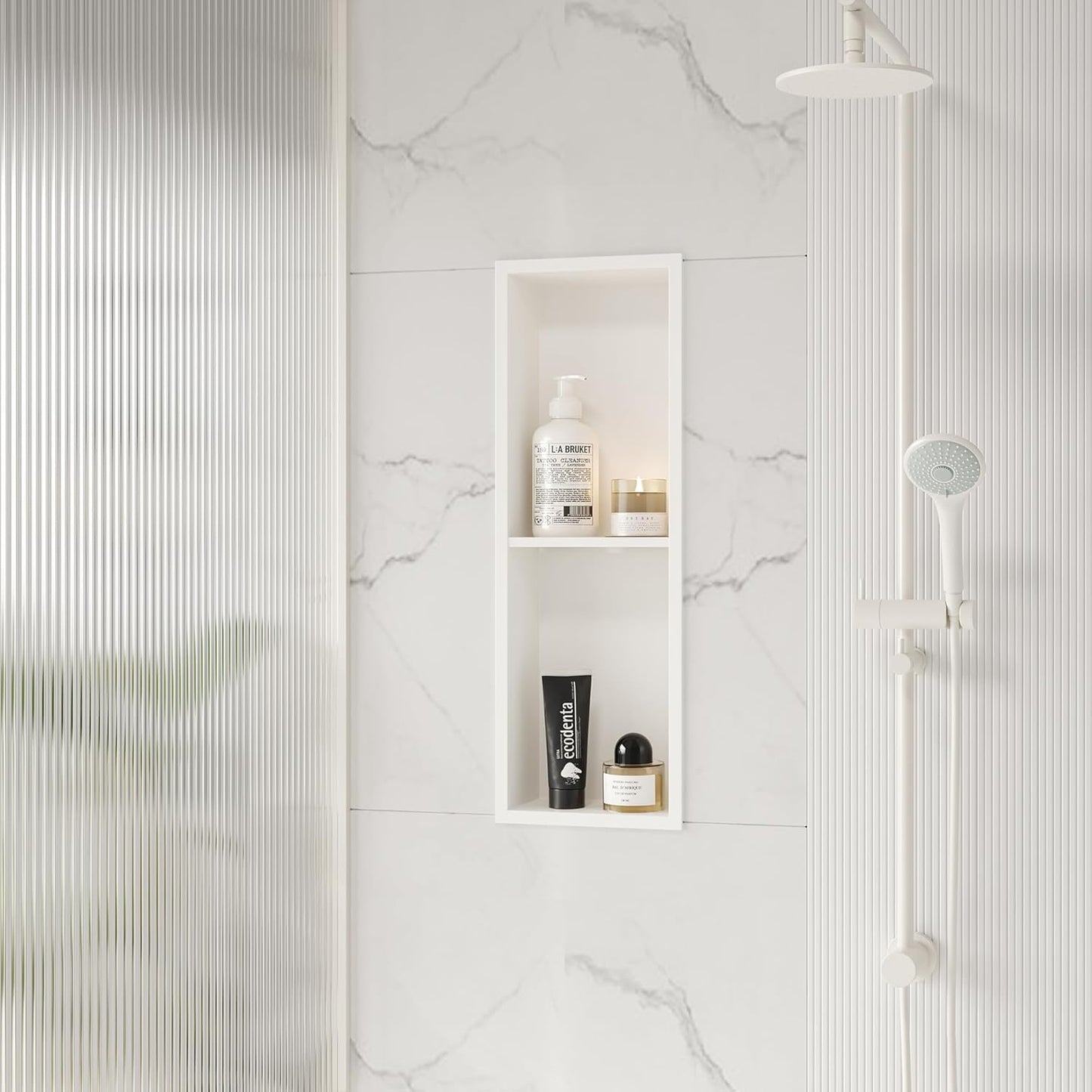 Stainless Steel Shower Niche 24" X 8", No Tile Needed Wall Niche Double Shelves, Recessed Shower Shelf for Bathroom Storage, Matte White