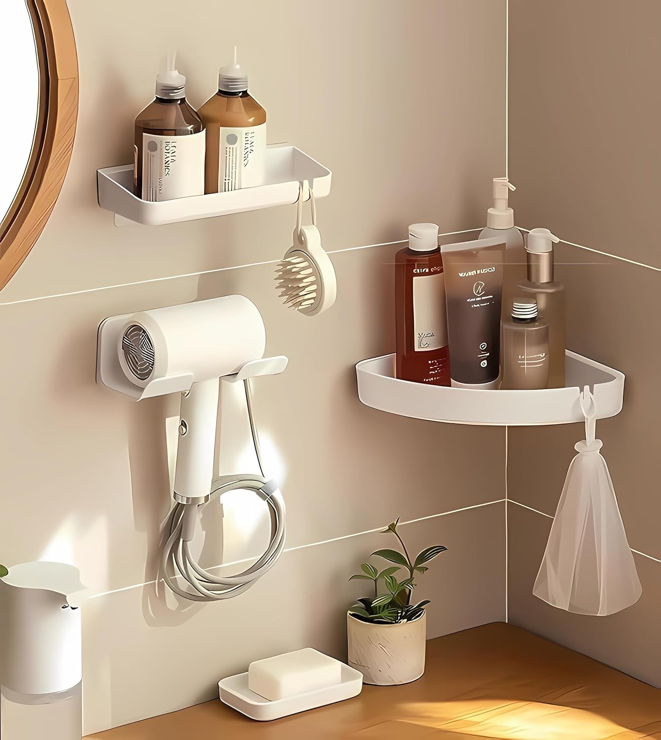 Universal Hair Dryer Holder, Blow Dryer Hanger Wall Mount for Hair Dryer Hook with Plug&Cord Organizer Self Adhesive for Cabinet Bathroom(2 Pack White)