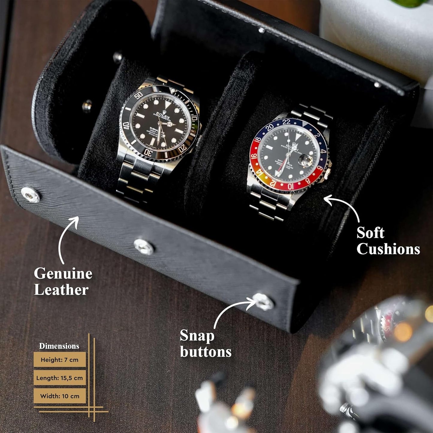 DailyWatch | Watch Roll Travel Case For 2 Watch | Luxury Watch Case In Genuine Saffiano Black Leather With Soft Velvet Interior | Watch Case Protect, Store, & Display Your Watches | All Black
