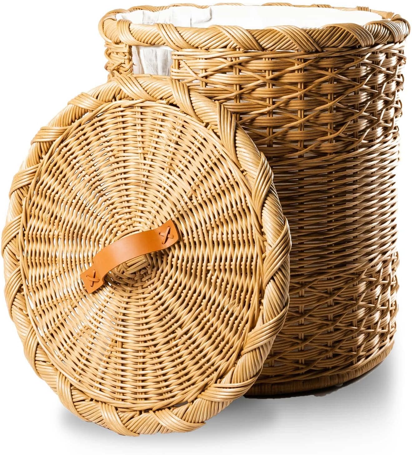 The Basket Lady Round Wicker Laundry Hamper, Large, 19 in Dia x 25 in H, Sandstone