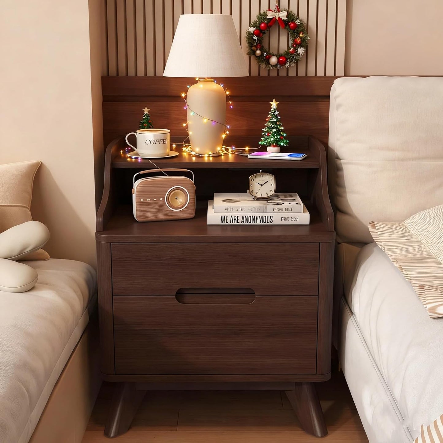 Nightstand with Charging Station, 21" Tall Nightstand w/2 Storage Drawers, Wood Night Stand with Hidden Handle, 17'' Wide Modern Bedside Table for Bedroom, Brown