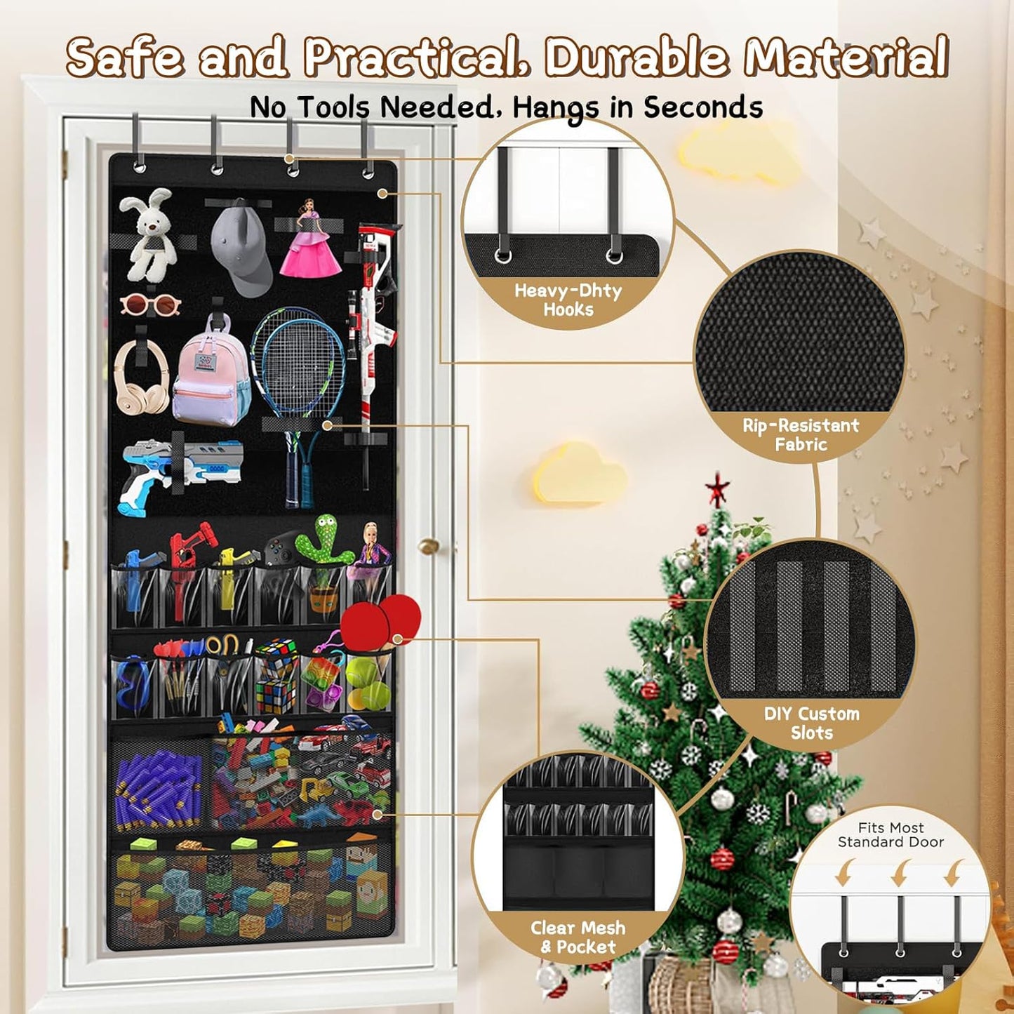 Over the Door Organizer for Building Blocks, Kids Toys Storage with Pockets and Slots for Stuffed Animal, Foam Blasters, Darts, Door Organizer hanging for Toys Storage, Kids Game Rooms
