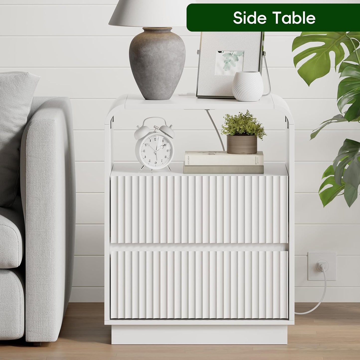 White Nightstand with Charging Station, Mid Century Modern Bedside Table & End Table, Fluted Wood Small Night Stand with 2 Hidden Drawers and Storage Shelf for Bedroom