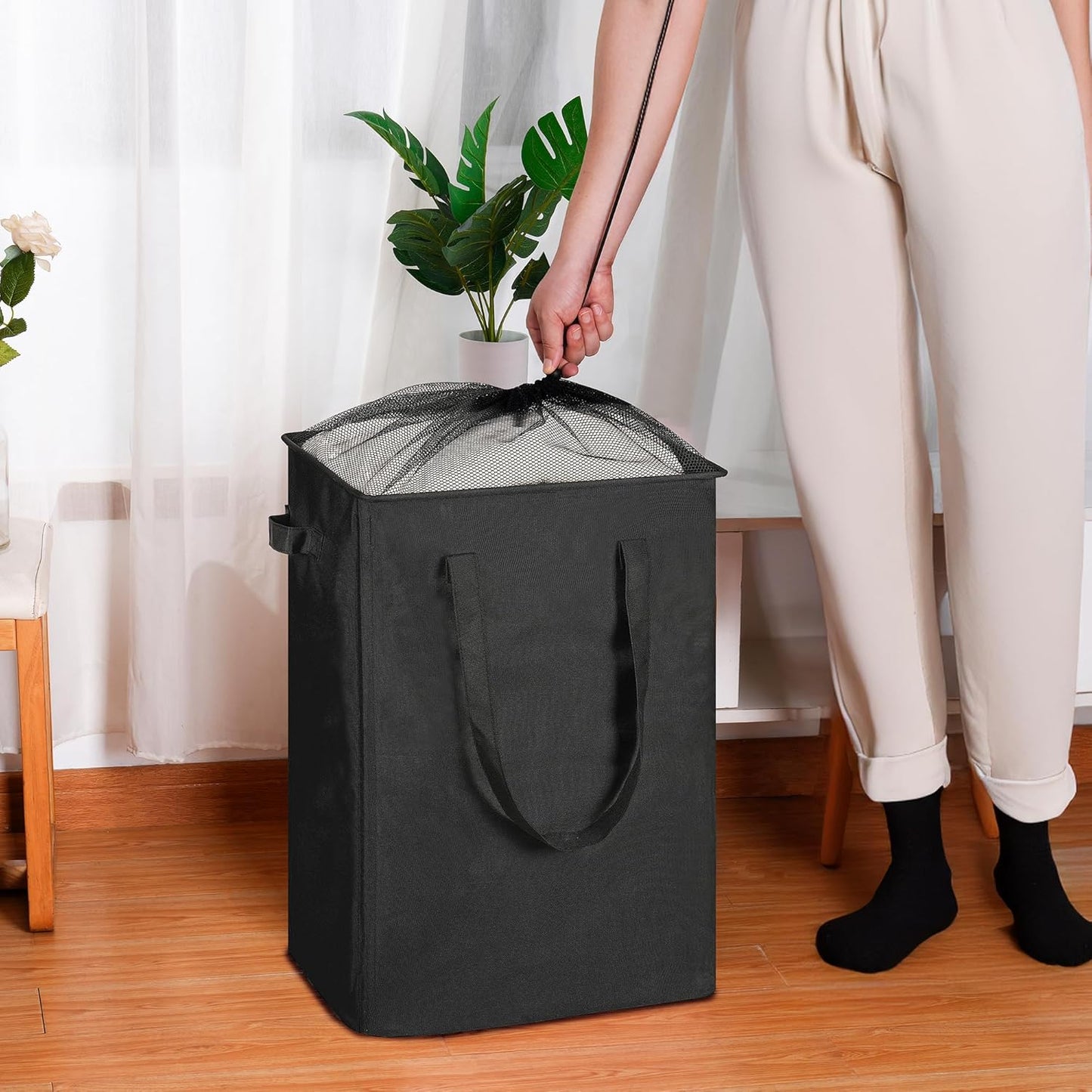 efluky Slim Laundry Basket, Narrow Laundry Hamper with Handles, Collapsible Dirty Clothes Hamper, Tall Laundry Bin for Laundry Room, Dorm and Bedroom, 90L Black