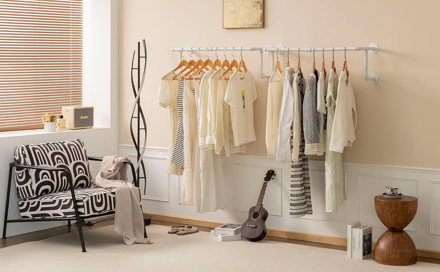 Clothes Racks, Industrial Pipe Clothing Racks for Hanging Clothes, Wall Mounted Heavy Duty Space Saving Garment Racks, Multi-Purpose Clothing Hanging Rods for Closet Storage, White, 2Pcs