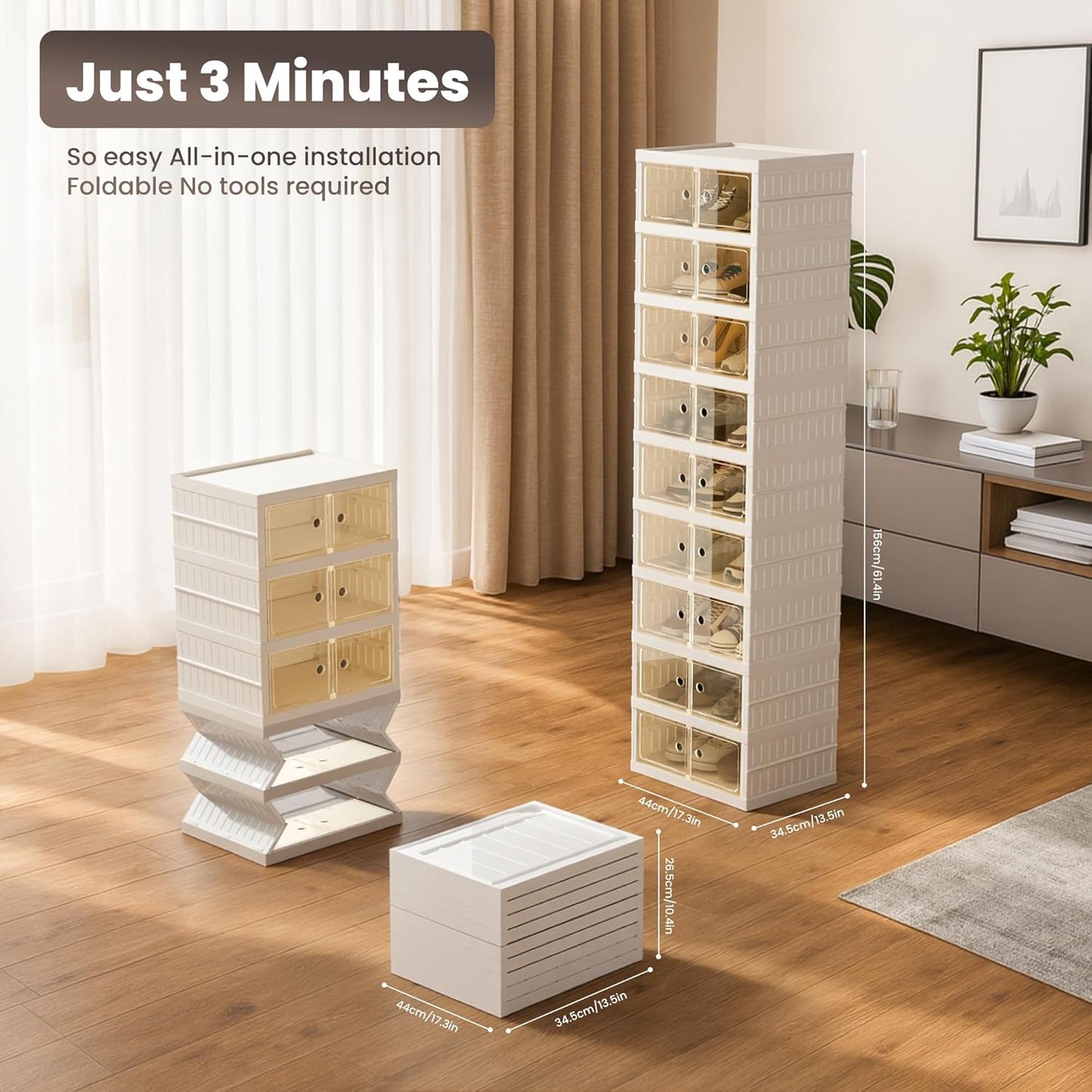 Foldable Shoe Organizer Storage Box Set of 2, Portable Extra Large Folding Shoe Rack for Closet, Shoe Storage Box with Magnetic Transparent Door and Wheels, 9 Layers 18 Grids