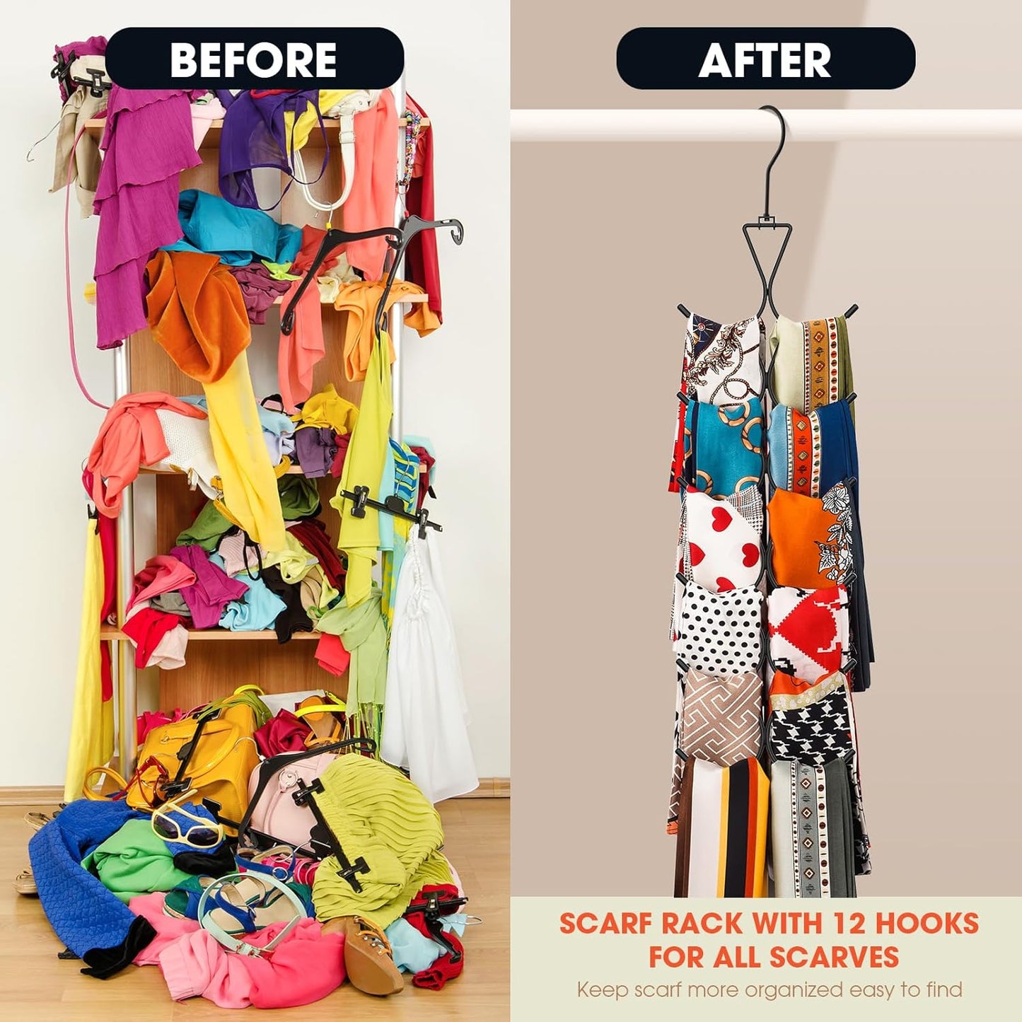 Scarf Hanger 12 Storages,Purse Hanger with 360 Swivel Hook,Scarf Organizer Scarf Hangers for Closet,for Scarves, Shawl,Belt,Purse & Baseball Cap