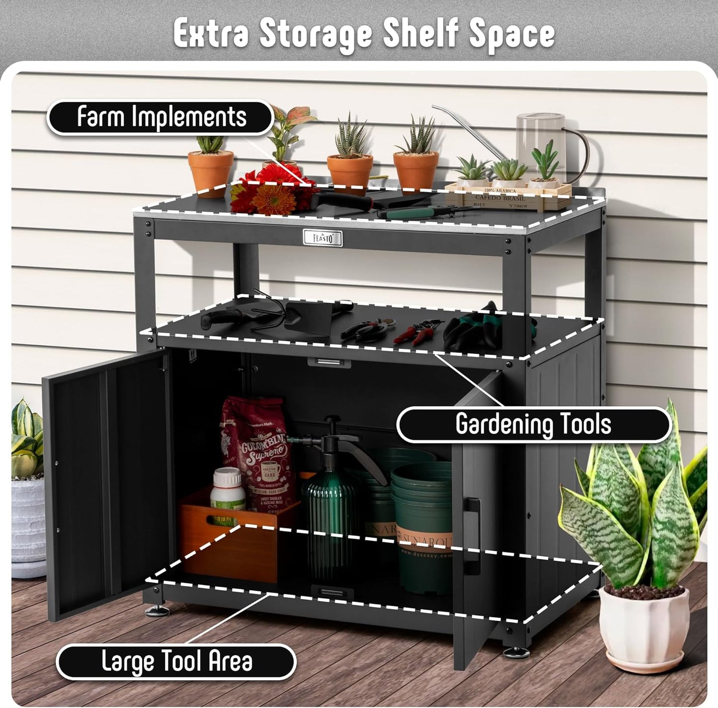 Garden Potting Bench with Storage Cabinet, Outdoor Gardening Table & Work Bench for Plants, Horticulture, Outdoor Workstation with Stainless Steel Tabletop, Outdoor Work Table