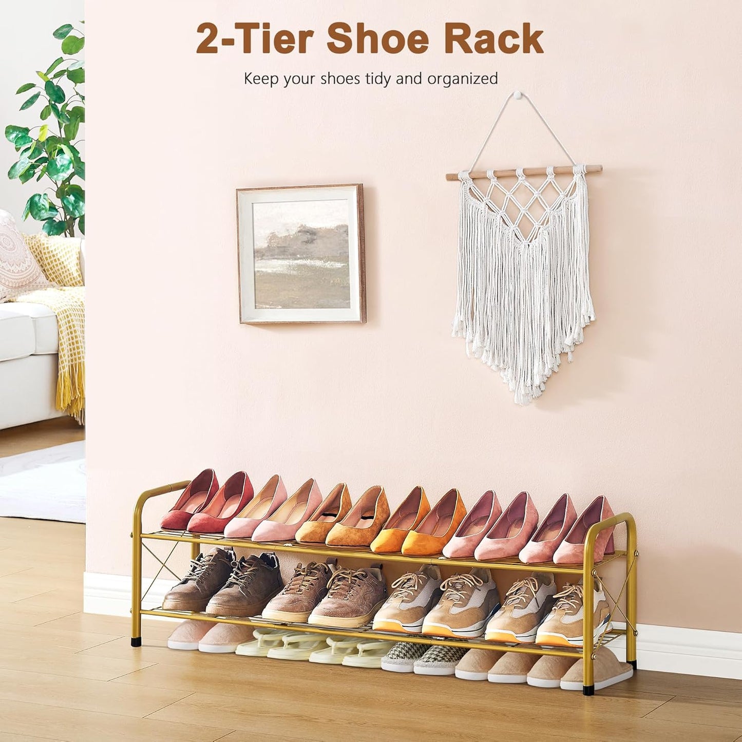 Hoctieon 2 Tier Shoe Rack for Closet, Durable Mesh Style Shoe Rack, Entryway Shoe Shelf, Shoe Storage Organizer for Hallway, Bedroom, Living Room, Wardrobe, Gold