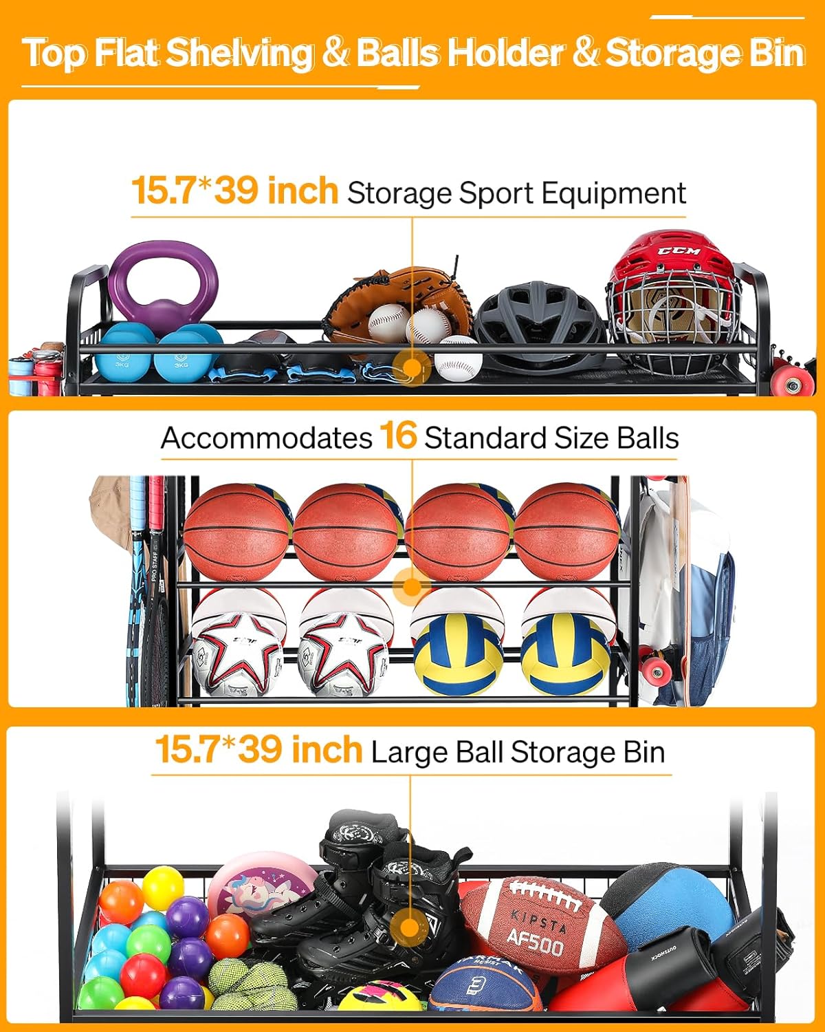 Garage Sports Equipment Organizer - Rolling Ball Storage Bin with Wheels, Garage Sports Gear Rack Outdoor Basketball Racks for Balls with Baseball Bat Holder and Hooks, Toy Organizer