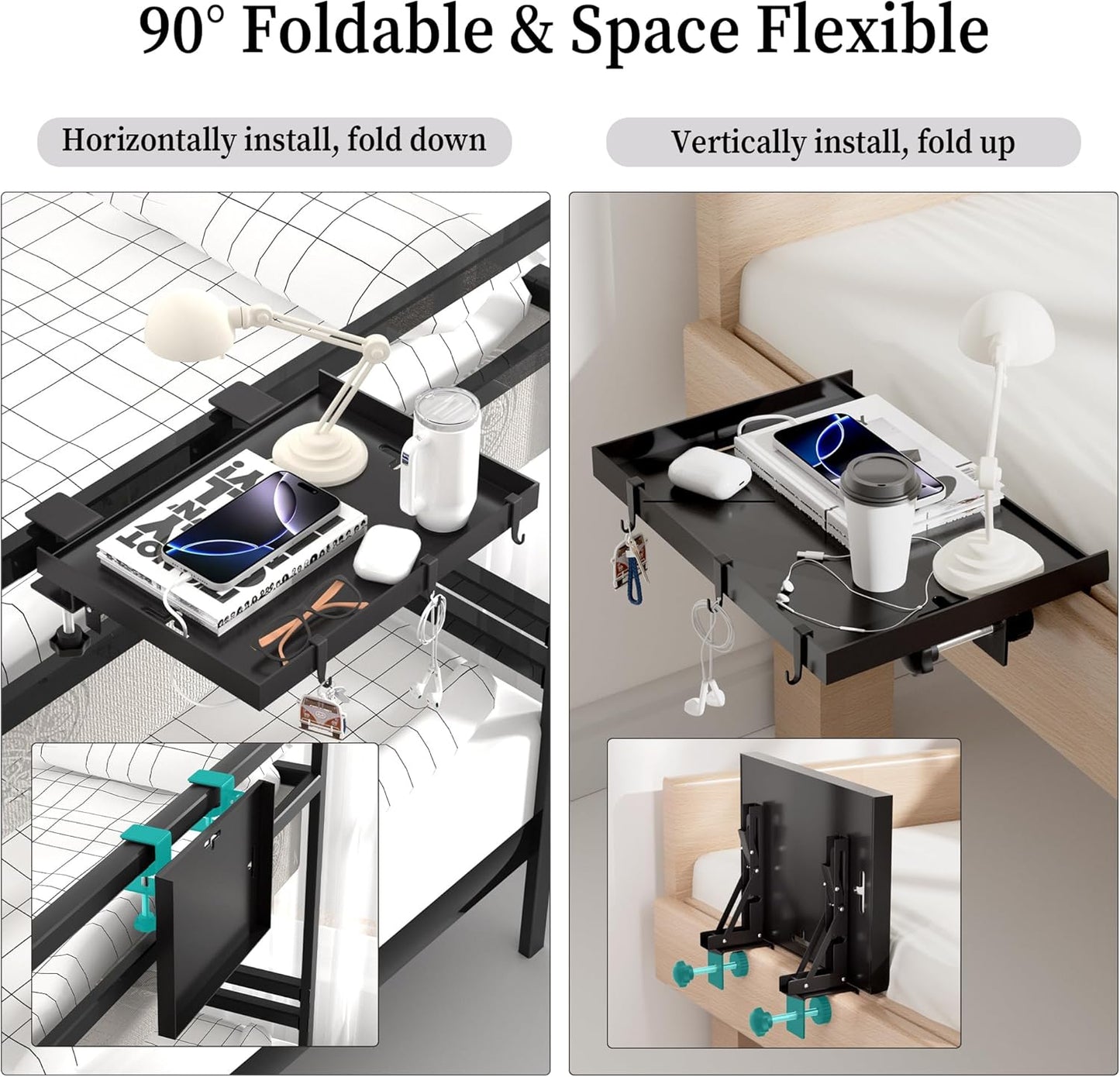 Foldable Bedside Shelf, Metal Clip-On Bed Tray Table for Bunk Bed & Dorm Beds, Dorm Room Essentials Organizer for College Students, Floating Tray, Space Saving Nightstand for Loft Beds (Black, Small)