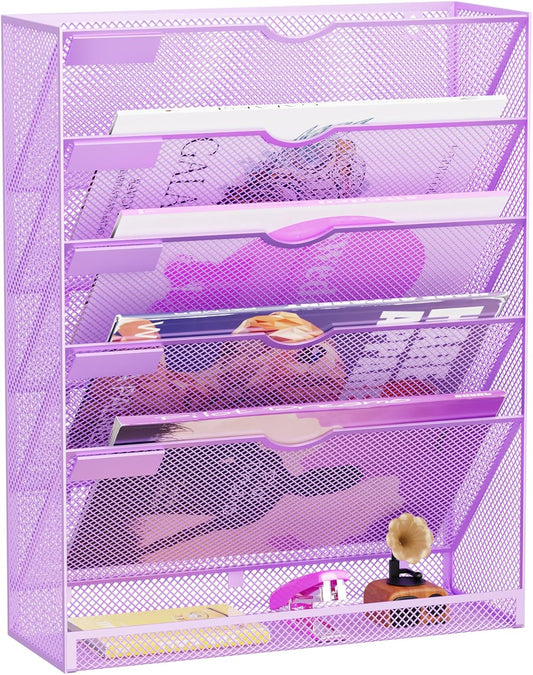 Hanging Wall File Organizer 6 Tier Wall Mounted Mail Paper Folder Holder Document Organization Stand, Vertical Desk Magazine Rack for Office Home Cubicle Countertop, Light Purple