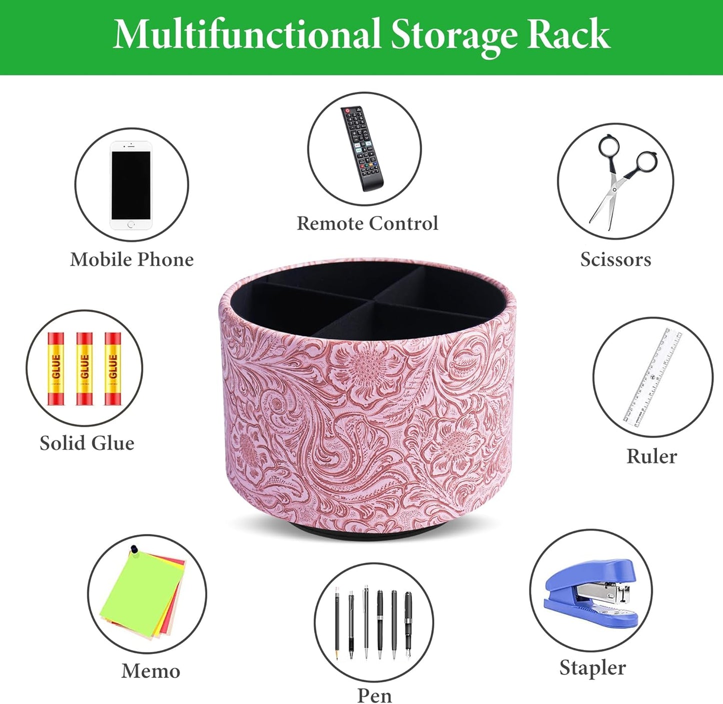 lizimandu Round Leather Art Supply Organizer,Remote Control Holder,360 Degree Spinning,Multi-Functional Pencil Holder,4 Compartments Desktop Stationary Organizer(1-Carved Pink)