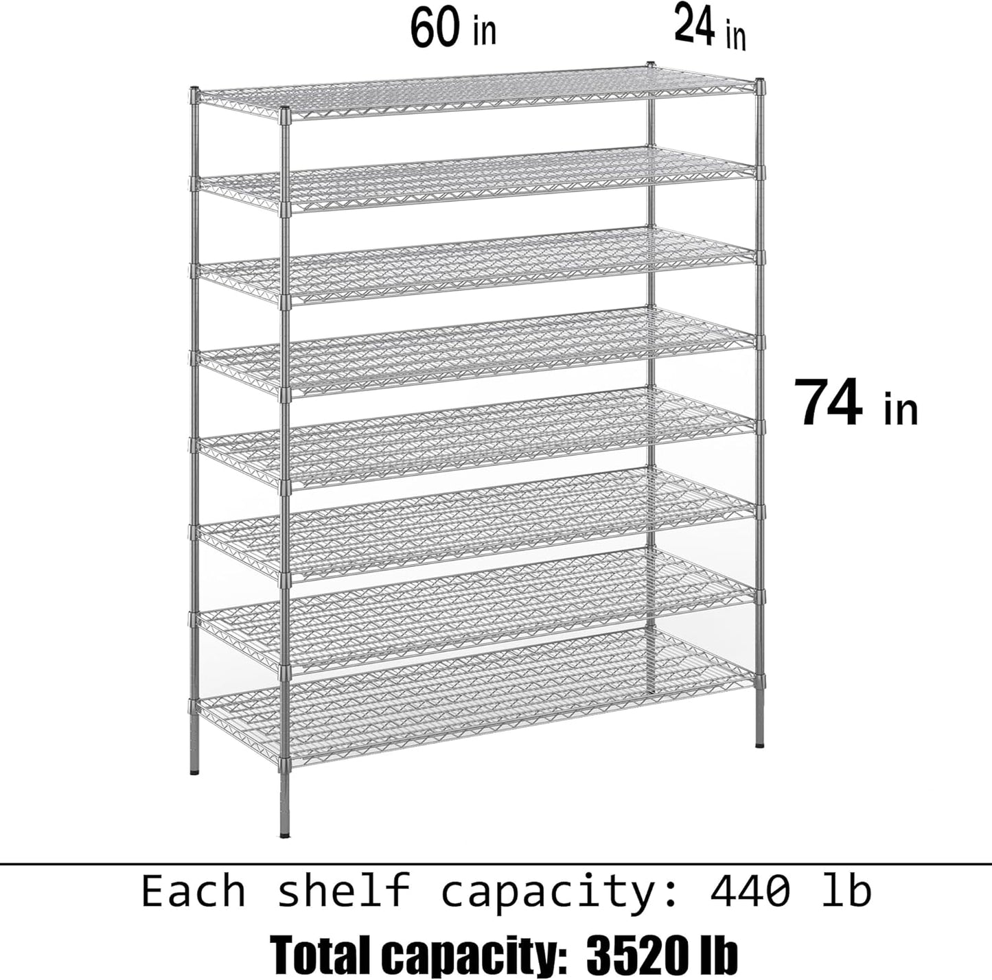 24" Deep x 60" Wide x 74" Height Wire Shelving Kit | 8-Tier | NSF Commercial Storage Rack Unit