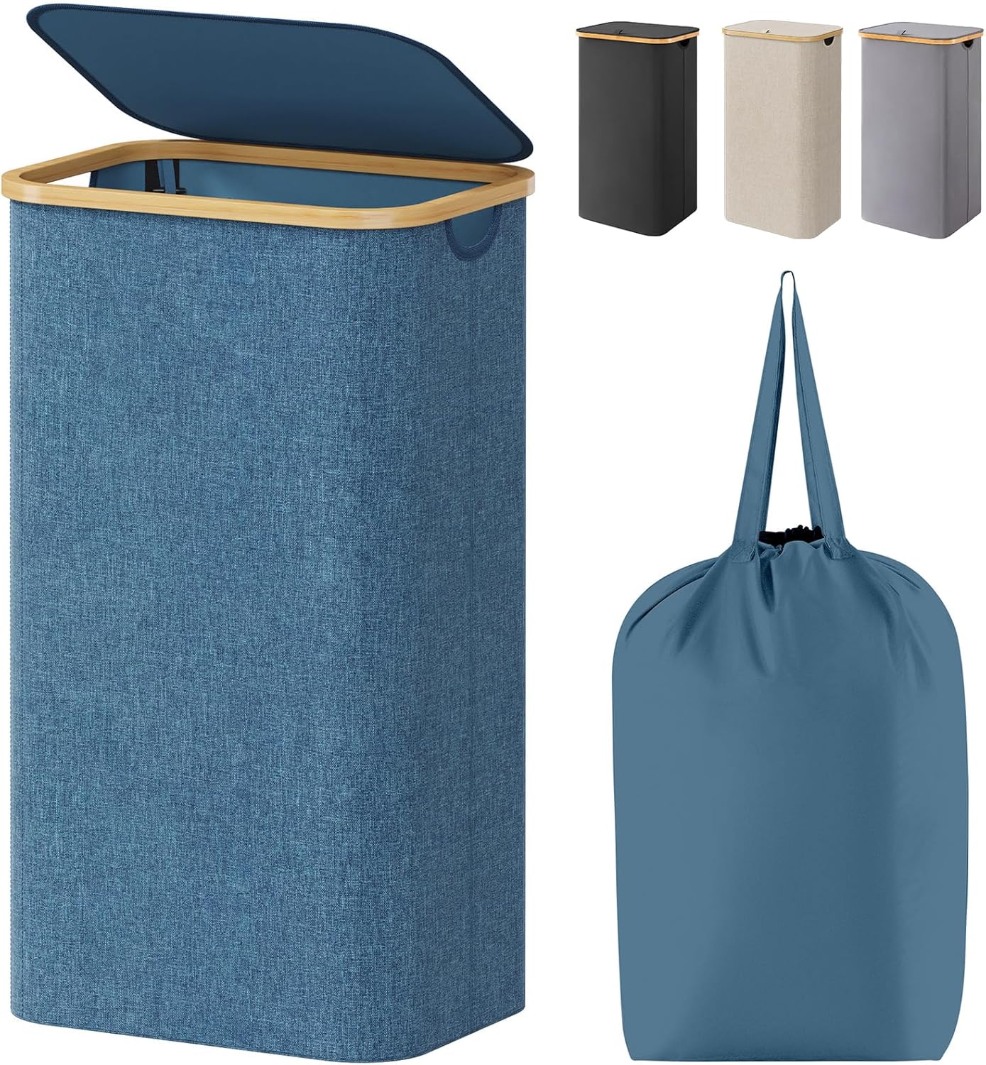 Lifewit 100L Laundry Basket with Lid, Clothes Hampers for Laundry with Bamboo Handles and A Removable Bag, Large Foldable Laundry Hamper for Bedroom, Bathroom, Dorm, Laundry Room, Dark Blue