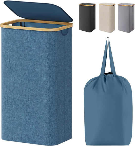 Lifewit 100L Laundry Basket with Lid, Clothes Hampers for Laundry with Bamboo Handles and A Removable Bag, Large Foldable Laundry Hamper for Bedroom, Bathroom, Dorm, Laundry Room, Dark Blue