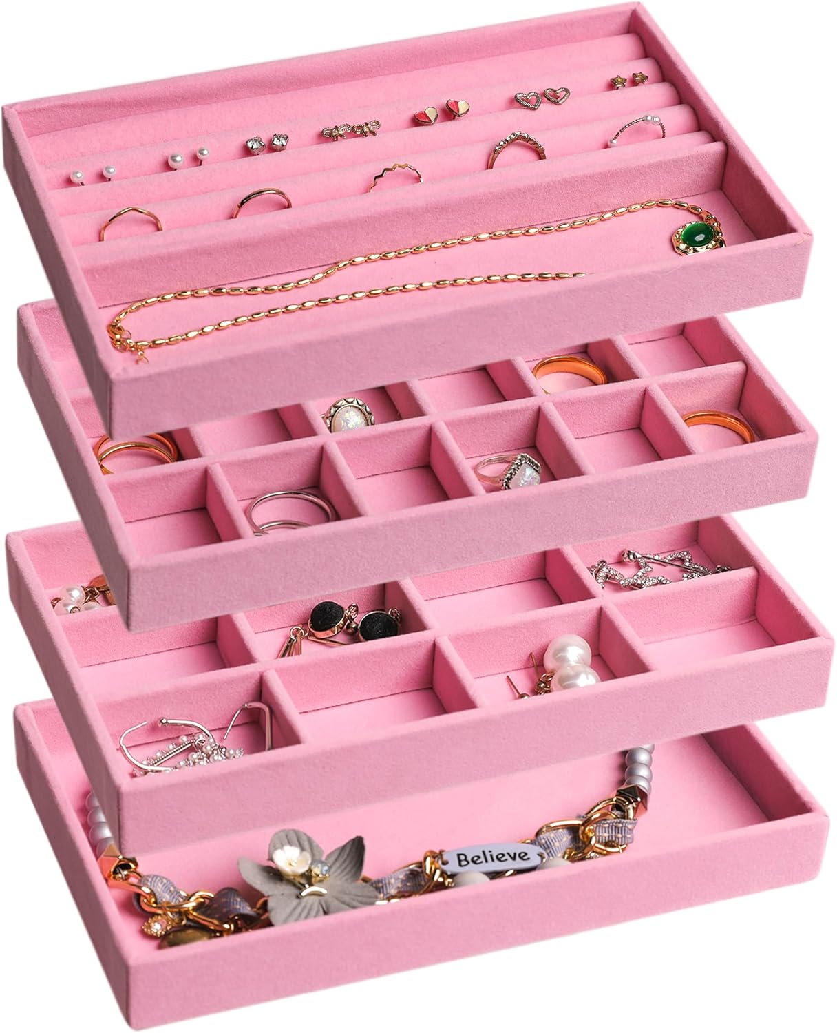 Frebeauty Jewelry Organizer Tray,Stackable Velvet Jewelry Trays,Drawer Inserts Earring Organizer For Women Jewelry Storage Display Case for Rings Stud Necklaces,Set of 4(Pink)