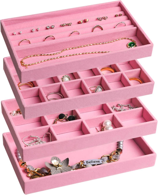 Frebeauty Jewelry Organizer Tray,Stackable Velvet Jewelry Trays,Drawer Inserts Earring Organizer For Women Jewelry Storage Display Case for Rings Stud Necklaces,Set of 4(Pink)