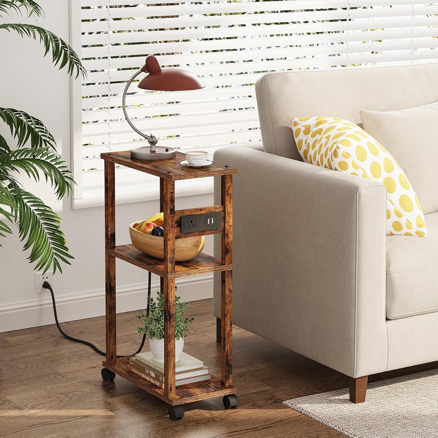 TUTOTAK Small Narrow Side Table with Charging Station, Skinny End Table for Small Spaces, Slim Nightstand with USB Ports and Outlet, Sofa Beside Table with Wheels, Rustic Brown TB01BB047C