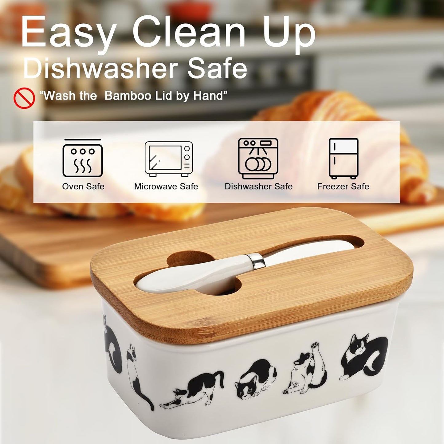 Cute Cat Large Butter Dish with Lid for Countertop,Cute kitten Ceramic Covered Butter Holder with Knife for Fridge, Airtight Butter Keeper Container Storage for East West Coast Butter,White