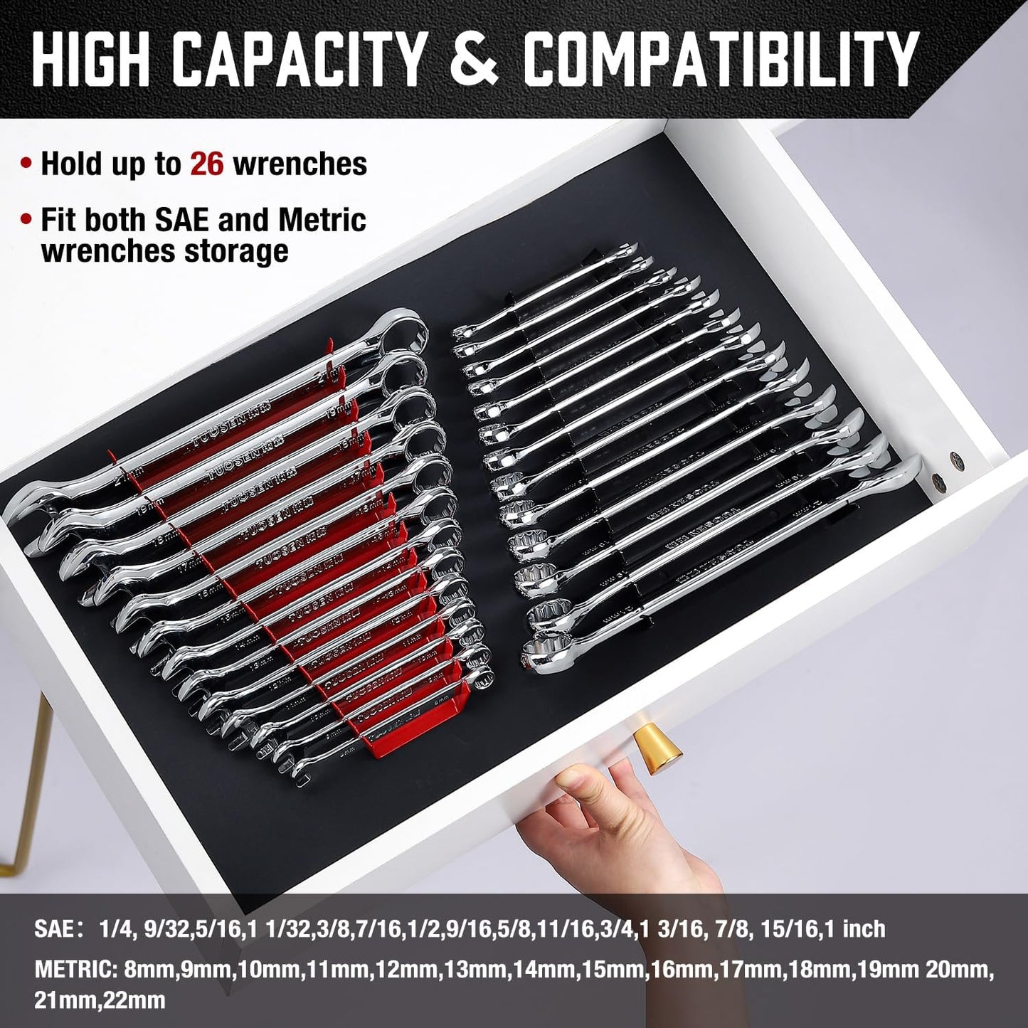 ALOANES 26-Slot Metal Wrench Organizer, Heavy Duty Wrench Organizer Tray for Tool Box, Professional Fit SAE & Metric Wrench Storage, 2 Pack Wrench Holders(Red&Black)
