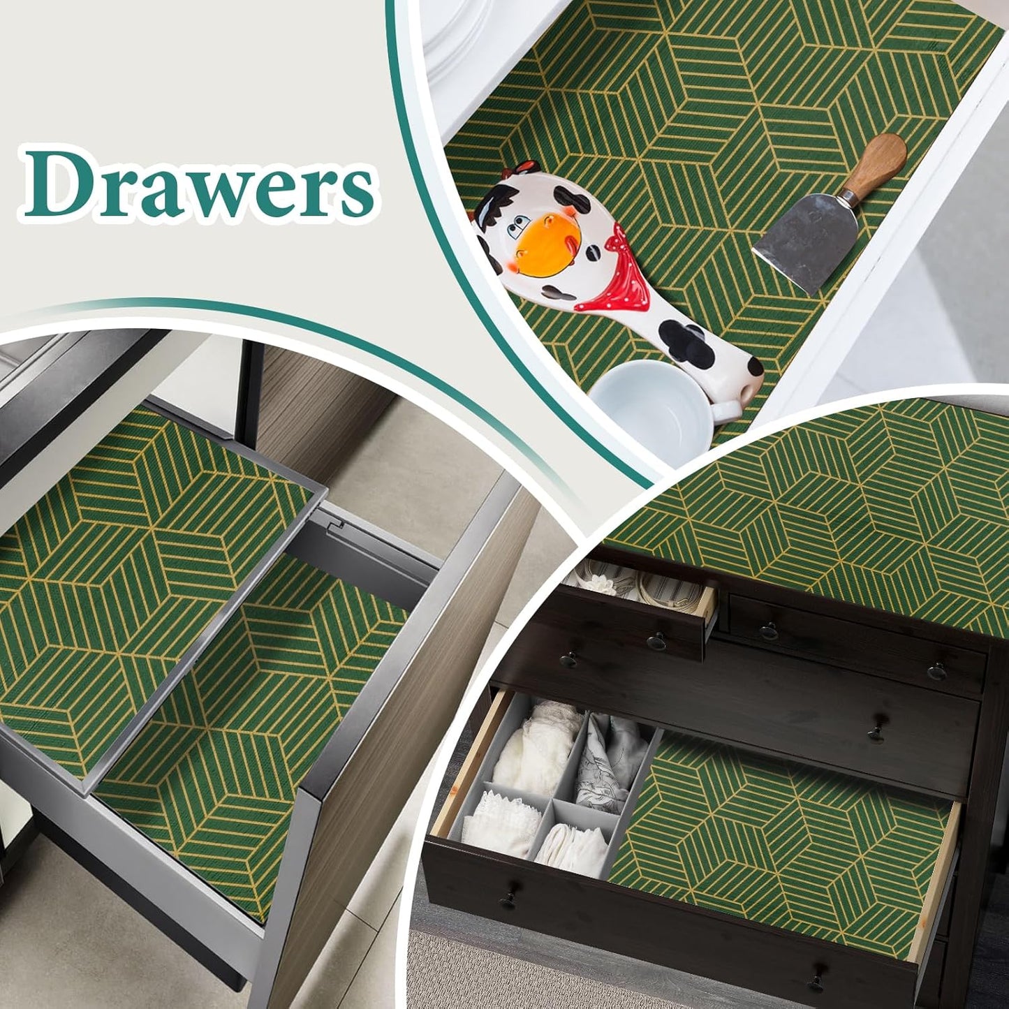 Shelf Liners for Kitchen Cabinets 17.5in x 20FT, Non Adhesive Cabinet Liner Strong Non-Slip Thickened Gold Green Geometric Drawer Liner, Easy to Clean for Shelf, Cabinet with Knife and Tape Measure