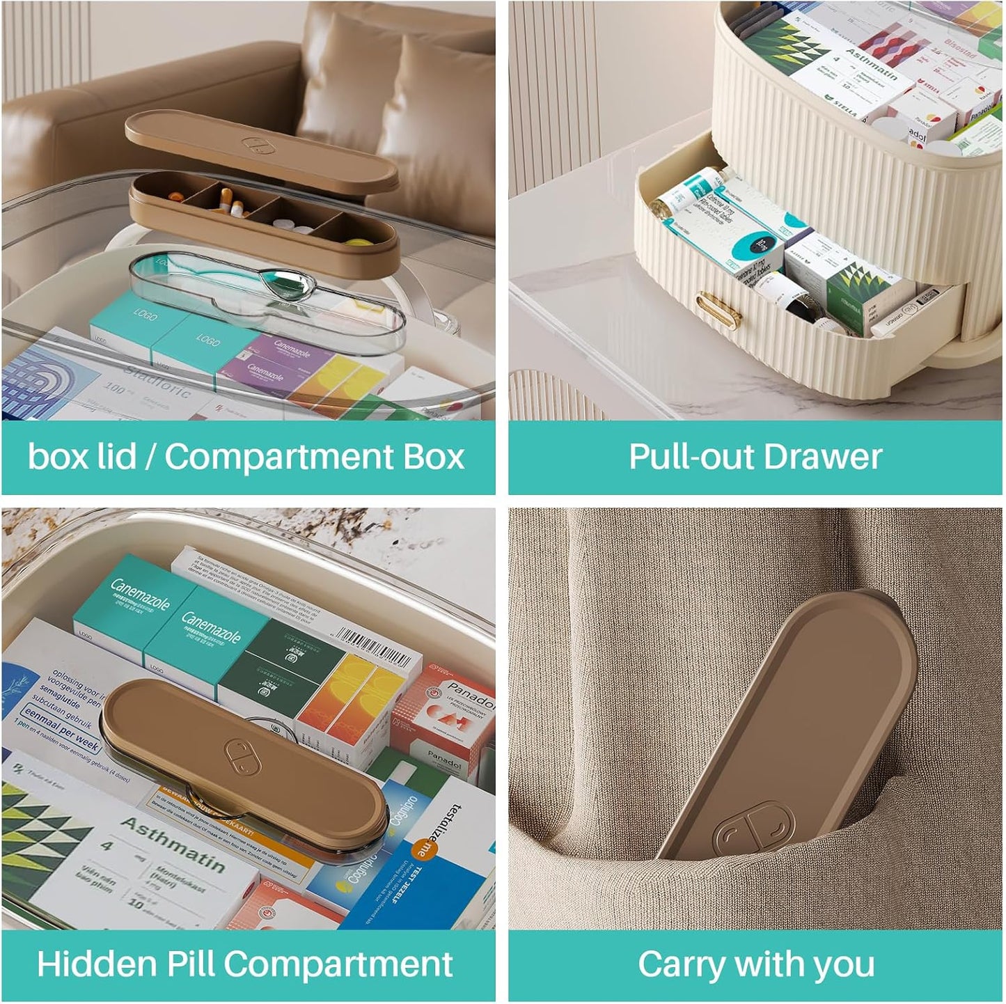 Two-Medicine Organizer, Portable Medicine Cabinet Organizer, Empty First Aid Kit with Drawers for Home, and Portable Travel Pill Organizer.