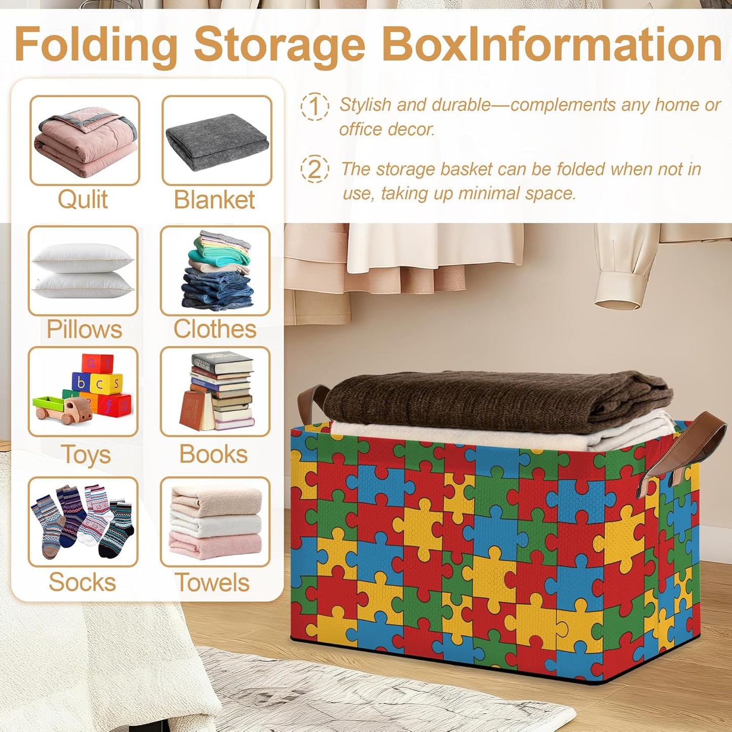 Jigsaw Storage Bins with Handles, Collapsible Storage for Clothes, Gift Basket, Blankets & Closet Organization