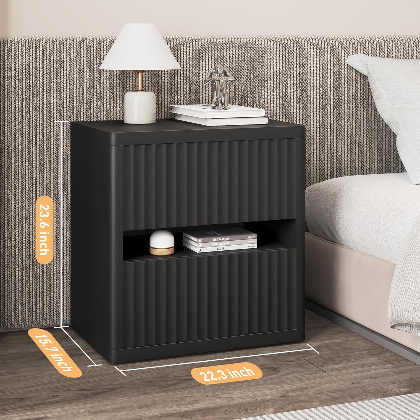 Dripex Fluted Nightstand with 2 Drawers, Large Wide Wood Night Stand Bedside Tables for Bedroom, Mid-Century Modern Storage Bed Side Table, End Tables for Living Room Sofa Couch, Black, Set of 2