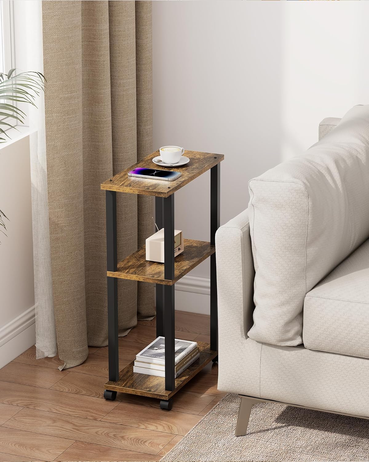 TUTOTAK Small Side Table, Narrow End Table, Bedside Table, Set of 2, Couch Side Table with Wheels for Living Room or Bedroom, Brown TB01BB0612