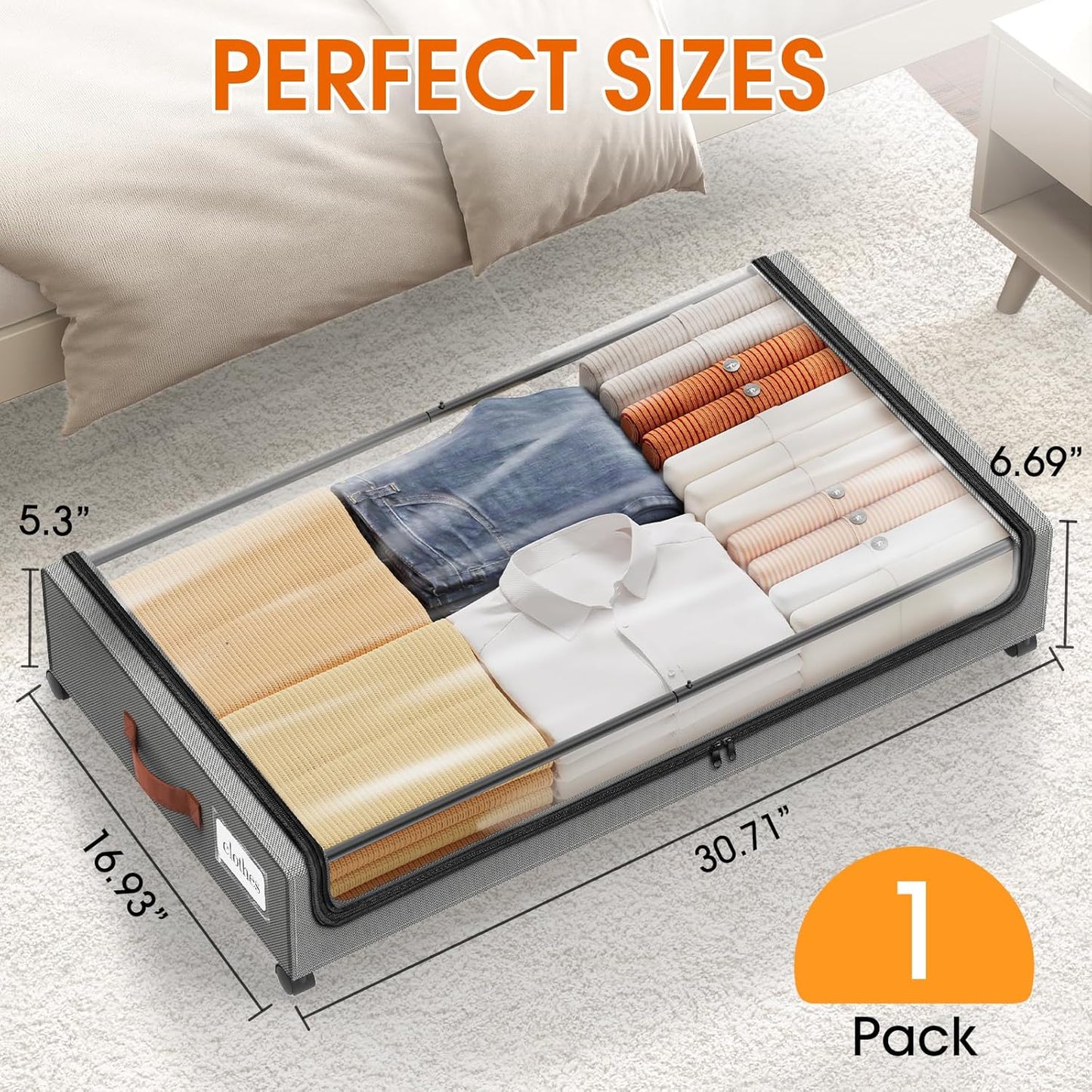 Under Bed Storage with Wheels 1Pack Underbed Storage with Clear Window&Label Under Bed Drawers Large Capacity Rolling Under Bed Storage for Clothes,Shoes, Blankets (Light Grey)