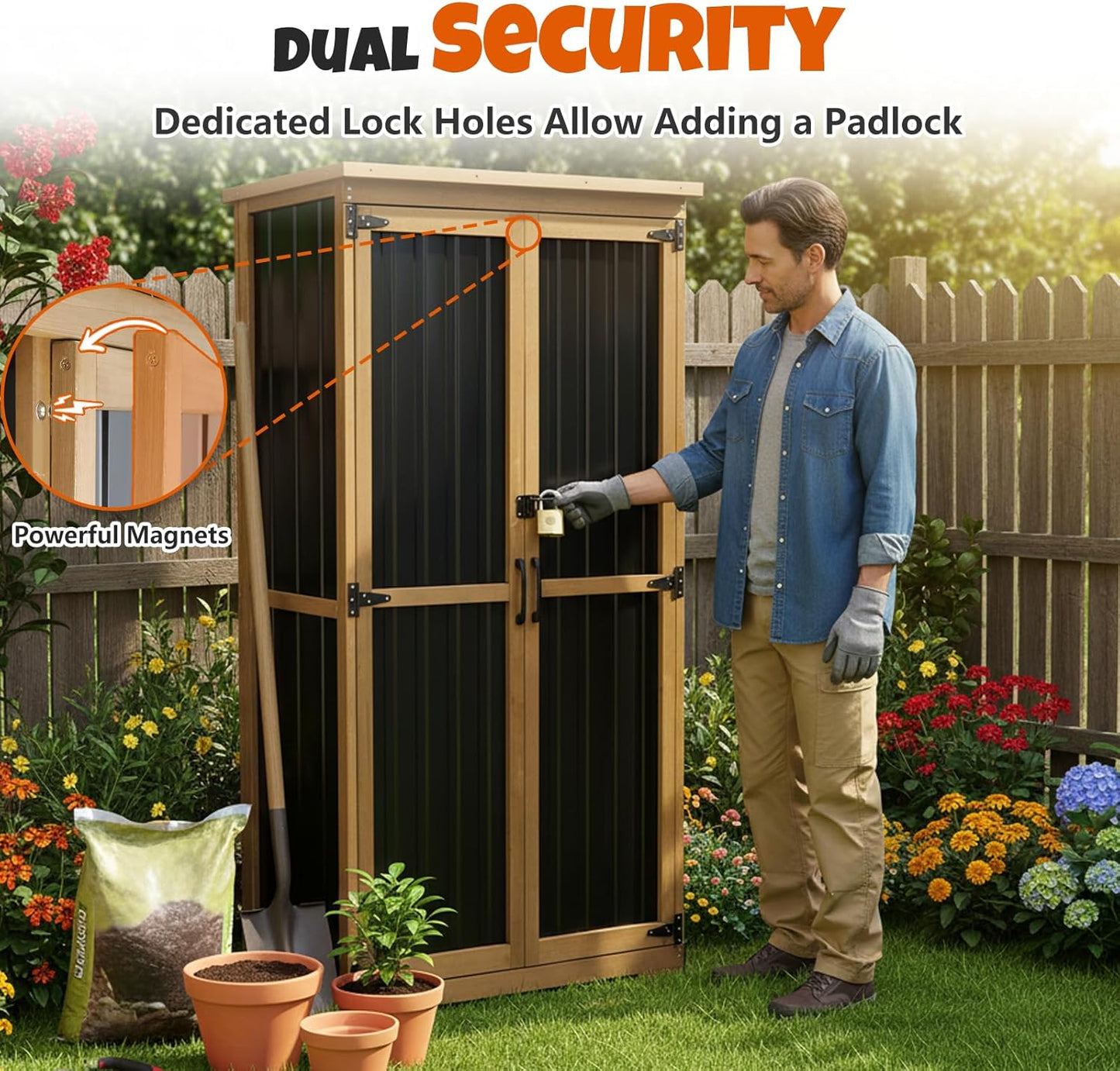 Outdoor Storage Cabinet with Shelves, Wood & Metal Storage Shed with Weatherproof Roof, 3 Removable Shelves, Double Lockable Doors, Adjustable Feet, Outside Storage Cabinet for Garage, Patio, Backyard