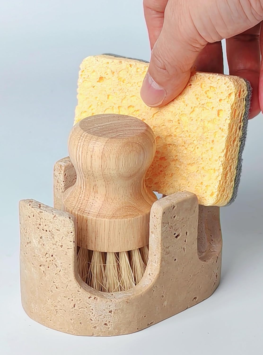 Travertine Sponge Holder, Dual-Slots Natural Stone Sink Organizer with Raised Edge to Catch Drips,Keeps Sponges Dry & Countertop Clean, Heavy & Stable with Anti-Slip Base, Organic Kitchen Decor,Beige