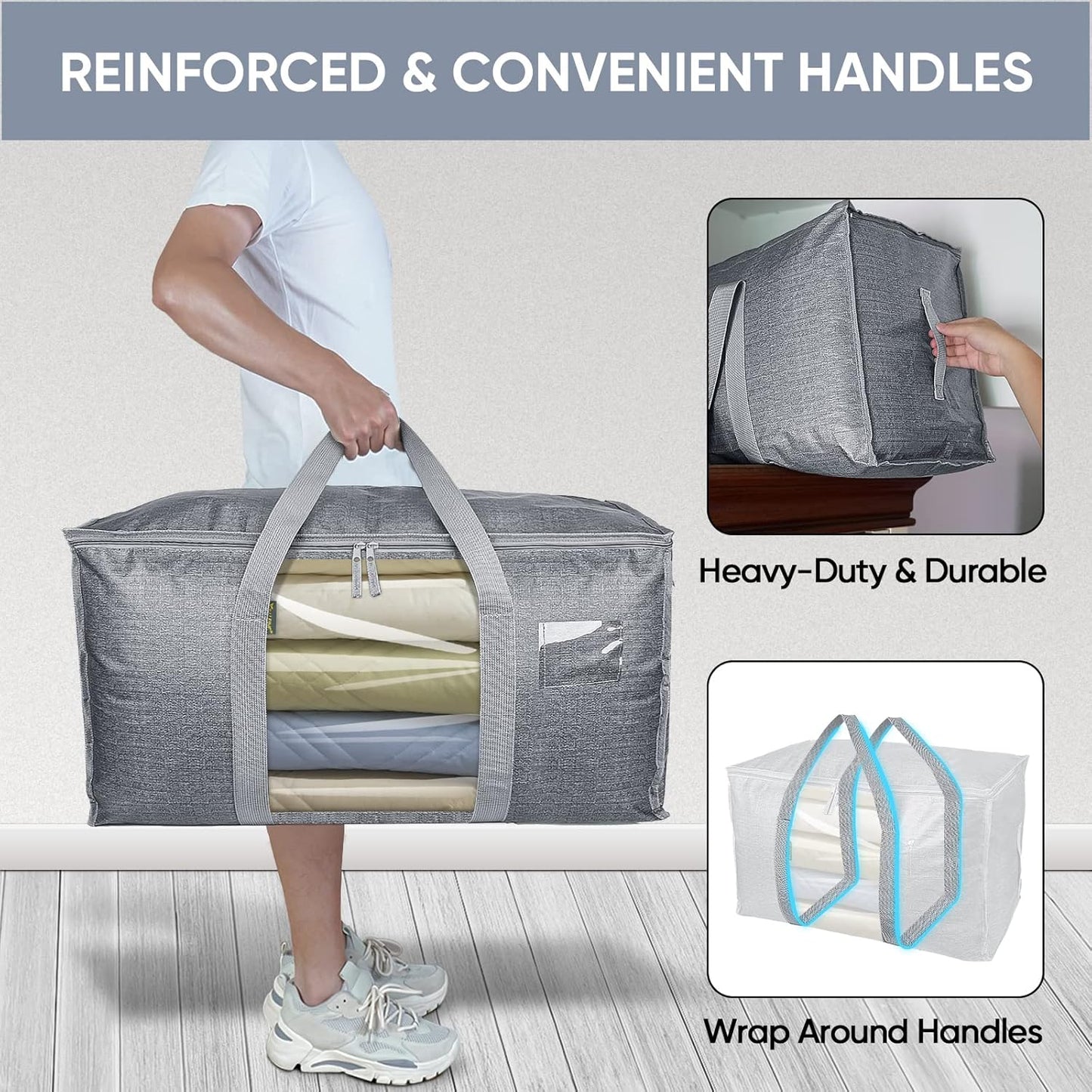 BALEINE 4-Pack Oversized Moving Bags with Reinforced Handles, Heavy-Duty Storage Tote Moving Supplies for Packaging, Camping (Gray w/Window, 4-Pack)