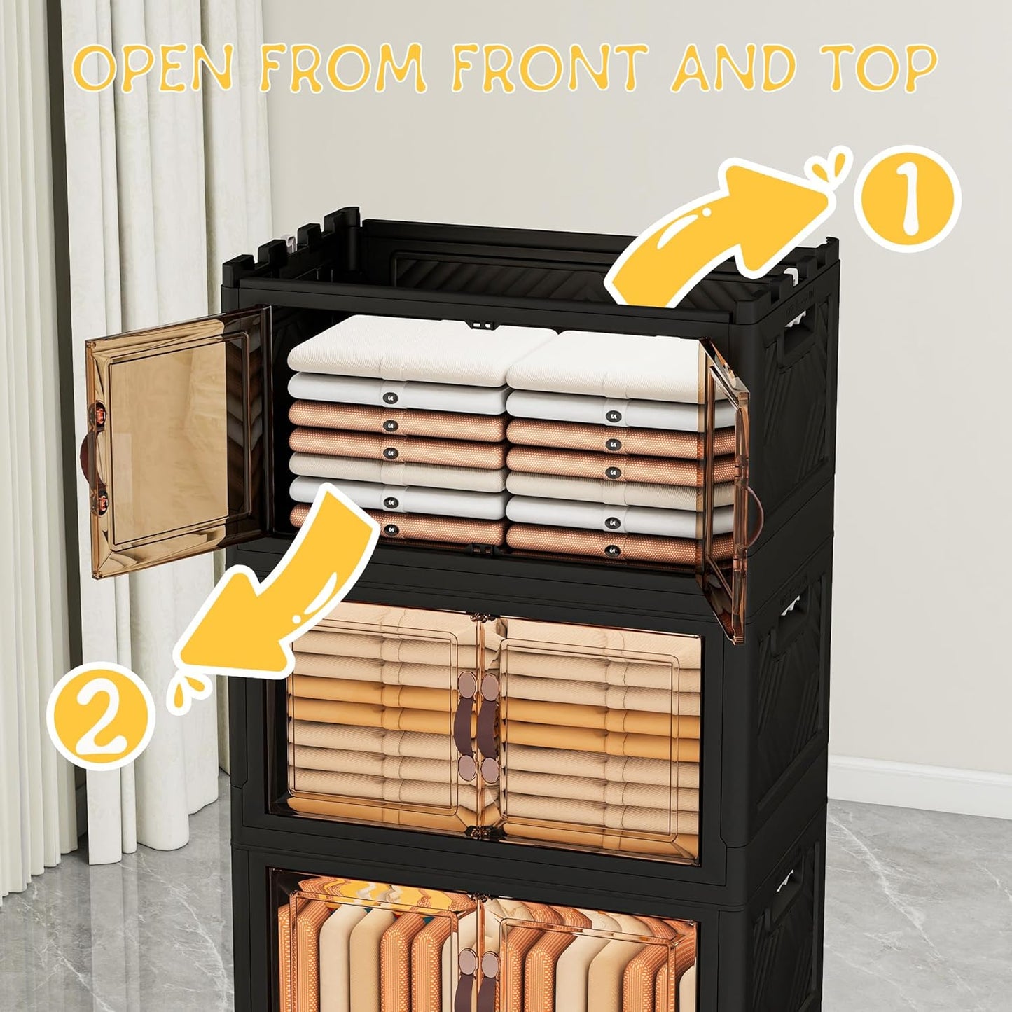Storage Bins with Lids and Wheels, Collapsible Bathroom Storage Cabinet with Clear Doors, Plastic Stackable Closet Organizers and Storage Containers Black 398 QT