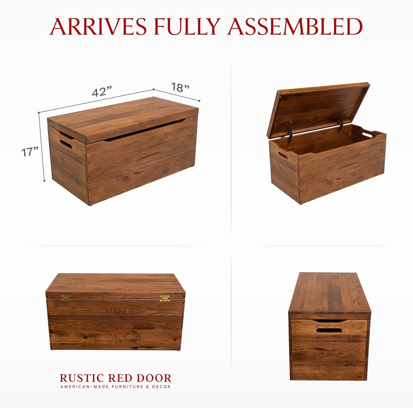 Amish Made Wooden Storage Chest Trunk Box with Lid and Handles for Bedroolanket, Clothes, Anti-Slam Hinges, Handmade, Rustic Hickory Wood, Asbury Stain, 42"