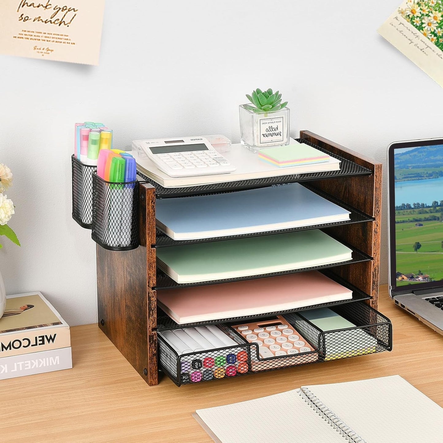 OPNCIE Desk Organizer and Accessories, 5-Tier Paper Letter Tray File Organizer with Drawer & 2 Pen Holder, Office Desk Accessories Workspace Desktop Organizer for Office Supplies(Brown)