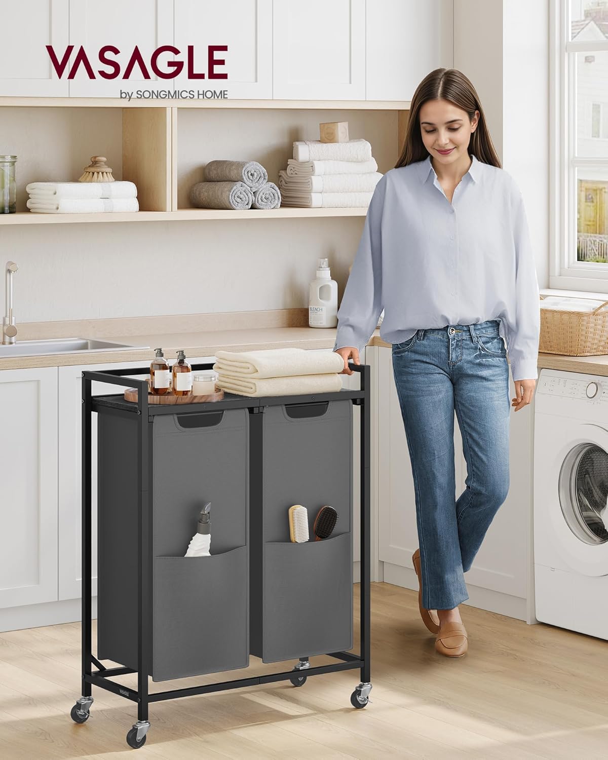 VASAGLE Laundry Sorter, 29 Gal. (110 L) Laundry Hamper Basket with 2 Compartments, Rolling Cart with Wheels, Shelf, Removable Bags, Pockets, Slate Gray and Charcoal Gray UBLH021G01