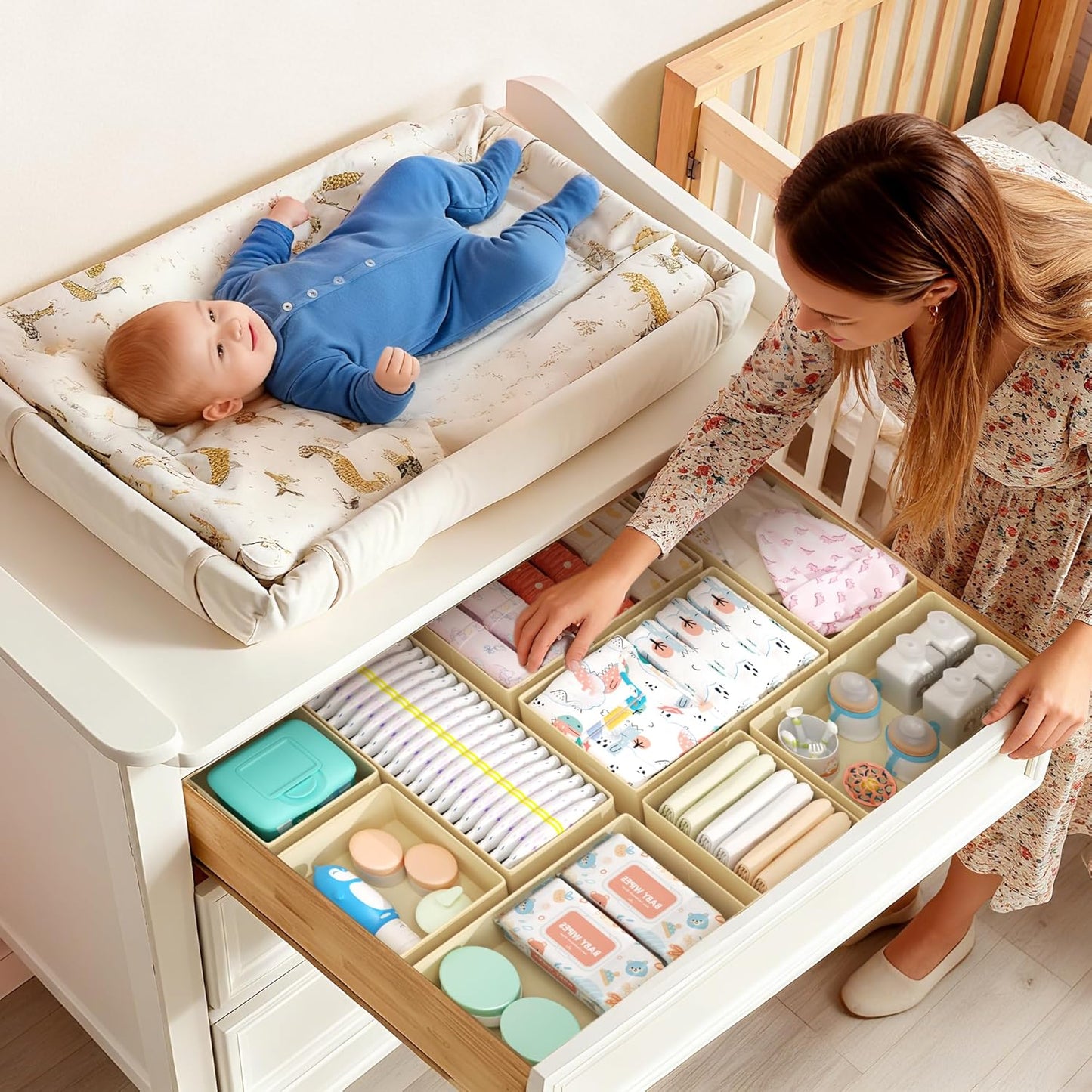 DIMJ Drawer Organizer Clothes Storage - 16 Pack Baby Dresser Organizer for Nursery, Foldable Drawer Dividers for Bedroom Closet Organization, Fabric Storage Bins for Socks, Underwears, Bras