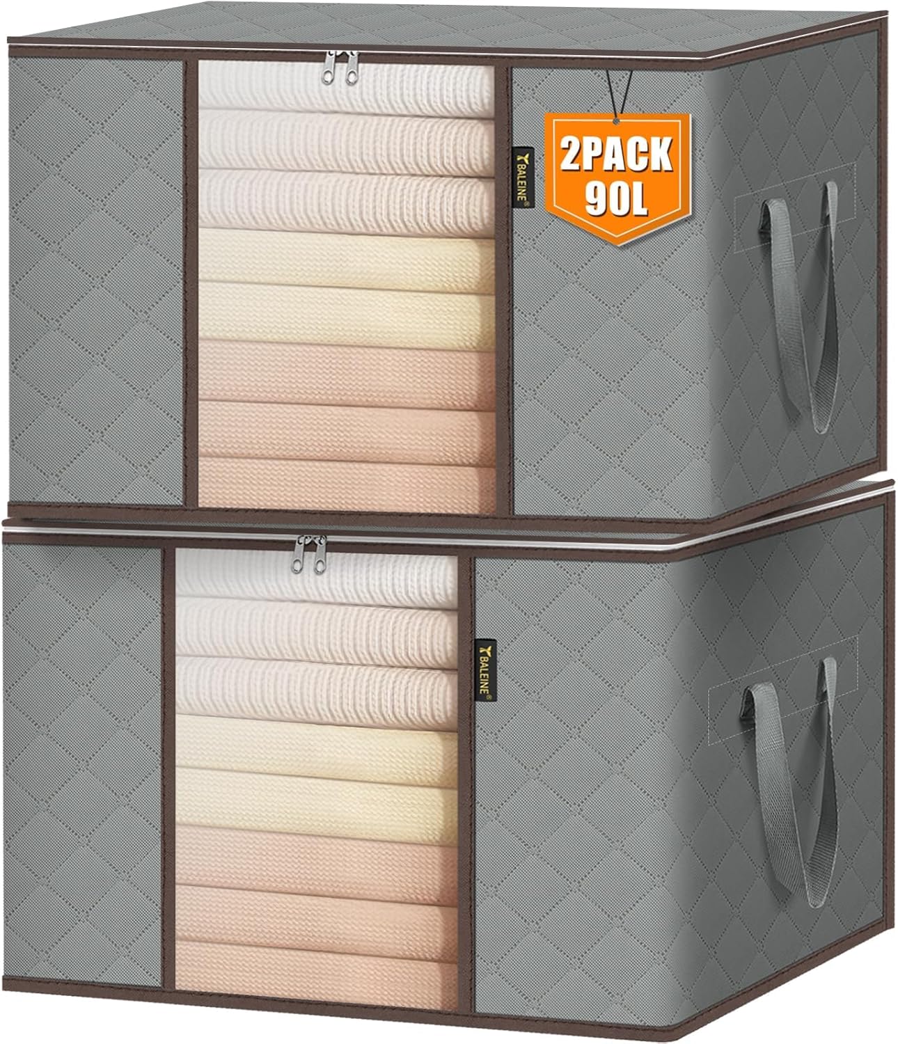 BALEINE 2 Pack Clothes Storage Bags, 24 Gallon Storage Containers with Reinforced Handle, Sturdy Zipper, Closet Organizer for Blanket, Comforter, Pillow, Bedding (Grey, 2 Pack)
